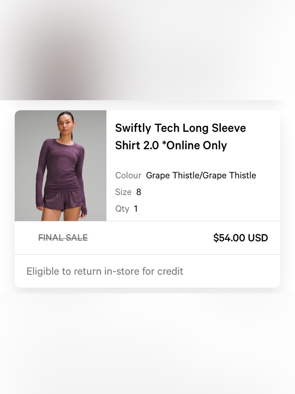 Lululemon Swiftly Tech Long Sleeve 2.0, Size 8, Grape Thistle